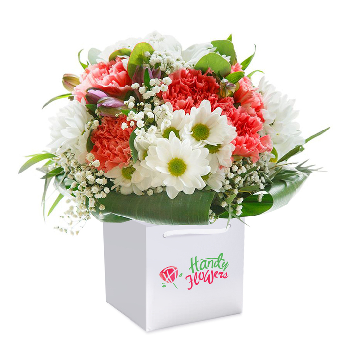 In the heart of Southgate, a stunning floral arrangement rests within a crisp, white square gift bag, its upright posture suggesting readiness to delight someone special. The bouquet is a celebration of colour: ruffled coral-pink and deep red carnations-each with layers of soft, textured petals-intertwine with clusters of classic white daisies, their zesty green-yellow centers glowing with freshness. Wisps of pure white baby's breath dance between the larger blooms, giving the arrangement an airy, lighthearted feel akin to a gentle breeze passing over Broomfield Park. Subtle purple-hued buds-perhaps alstroemeria just about to open-peek from the side, offering a taste of unfolding beauty and thoughtful artistry. The rich green foliage fans out at the base, its broad, glossy leaves forming a graceful collar that secures and enhances the overall fullness of the bouquet. The white bag's sturdy ribbon handles and neat form convey both luxury and convenience-ideal for delivery from a trusted Southgate florist like Flowers Southgate. Set against a sharply lit white background, each element pops, the vibrant blooms at once elegant and exuberant. Perfect for conveying love, appreciation, or joyful celebration in Southgate-be it a milestone birthday, anniversary, or the simple wish to brighten a neighbour's day.