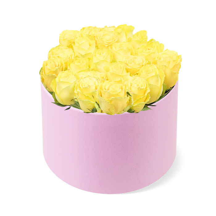 A contemporary hat box bouquet filled entirely with yellow roses appears almost sculptural in its simplicity, the flowers and container working together like a carefully designed piece of decor for a Southgate home. The box is round and perfectly smooth, rendered in a soft, pastel pink that feels tender and refined, its matte texture reminiscent of suede or velvet gift packaging. It stands upright on a white surface, with no visible branding or decoration to distract the eye. Emerging from this pale pink cylinder is a tightly packed dome of fresh yellow roses, each bloom placed meticulously so that their cupped shapes nestle against one another without gaps. The petals are velvety and plentiful, spiralling in classic rose form from the heart of each flower to gently curving tips. The yellow hue suggests warmth and optimism-some blooms lean towards buttery cream at their centres, while others display brighter, sunlit tones at the edges, producing a soft gradient when viewed from above. Sparse hints of green foliage are tucked low and subtle, giving a sense of life and natural growth beneath the polished surface of the roses. The arrangement is lit with clean, diffuse light, eliminating harsh contrasts and allowing the colours to stand forward crisply against the stark white background. This composition evokes the feeling of a thoughtful, elevated gift-something you might have delivered to a family gathering close to Southgate's Winchmore Hill border or to welcome a new neighbour near Oakwood. It reflects a modern Southgate florist's eye for balance, presenting friendship, appreciation, and joyful celebration in one compact, luxurious design.