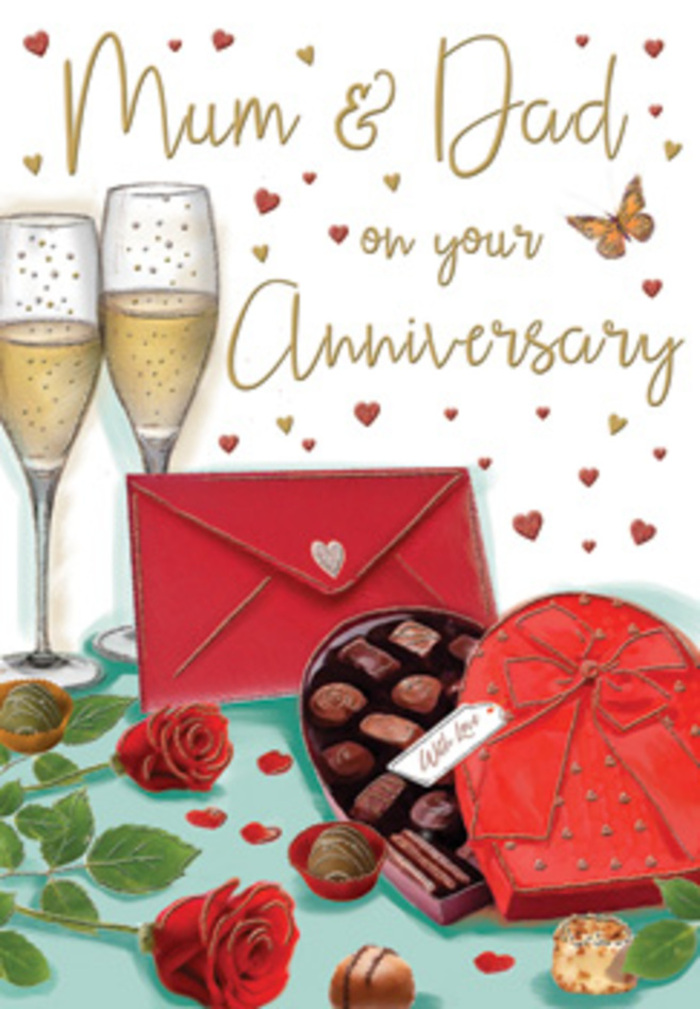 The illustrated anniversary card captures a moment that feels both elegant and deeply homely, like an intimate celebration in a Southgate townhouse after dusk. Dominating the upper part of the design, two tall, slender champagne flutes stand in close companionship, their clear sides filled with sparkling golden champagne. Tiny bubbles rise in steady streams, frozen mid-dance, as if a toast is about to be made between partners who have shared many years together along the quiet streets off The Bourne. The soft glow reflected on the glass suggests warm indoor lighting, perhaps from a nearby lamp or candles. Beneath the glasses, a sumptuous heart-shaped box of chocolates sits invitingly, rich red and beautifully curved, held together with an opulent, carefully tied satin bow in matching scarlet. The lid is slightly lifted to reveal glossy chocolates nestled inside, some round, some square, all with the sheen of indulgence. To one side, two perfect red roses lie arranged with intention rather than formality, their velvety petals deep and plush, layered in tight whorls that seem almost touchable. The roses are anchored by dense green foliage, echoing the fresh, just-arrived feel of a bouquet from a local Southgate florist. Nearby, a few chocolates are tumbled loosely across the surface, as if someone couldn't resist sampling one early. A vivid red envelope, sealed with care, rests close by, suggesting a handwritten anniversary message addressed to beloved parents. Scattered across the background, soft gold accents and tiny crimson hearts drift in easy arcs around delicate script, giving the card a subtle shimmer and a sense of motion. Altogether, the scene evokes gratitude, comfort, and the gentle sweetness of celebrating love at home in Southgate.