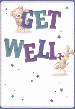 Upon first glance, this get well card exudes a restorative sense of comfort-an atmosphere much like stepping into a Southgate flower shop after a difficult day, greeted by gentle faces and fragrant petals. The artwork, rendered with a light yet careful touch, features a cuddly teddy perched confidently atop the sweeping letters of "GET," while a spirited puppy supports "WELL" below, their lively poses suggesting teamwork and affection. The animals' round, inviting features glow with kindness, their fur illustrated with such texture you can almost feel the softness-a reflection of the tactile pleasures found in every carefully selected bouquet. Indigo and teal hues define the text, standing out vibrantly against the pure white background, bringing to mind the calming palette often selected for hospital bedside florals. Tiny stars-little bursts of hope-float across the scene like the twinkle of distant lights seen from Southgate's bustling high street on a clear evening, hinting at the magic of recovery. The overall composition is both visually uplifting and soothing, a testament to the thoughtful design choices that carry the same loving intent as every bouquet assembled at Flowers Southgate for same-day delivery across the area. This is more than a card-it's an artful gesture of care, perfectly suited to those moments when words alone aren't enough. Each detail, from the expressive faces to the harmonious colour scheme, brings gentle encouragement and light to anyone on the mend in Southgate.