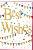 The photograph captures a joyful Best Wishes card designed with the look and feel of a mini celebration, perfect for pairing with a congratulatory bouquet sent across Southgate. In the centre, the phrase Best Wishes is written in large, sweeping gold script, each letter slightly raised and gleaming as though created with metallic foil or glitter. This warm, lustrous gold sits on a bright white background, giving the whole card a clean, uplifting brightness. Above and below the message, curved strings of bunting stretch in soft arcs from side to side, echoing the easy sway of decorations hung at a summer street party near Southgate tube station. Each tiny triangular flag along the bunting is a different colour or pattern-intense blues, vibrant reds, fresh greens, zesty yellows, and soft pinks-some with stripes, some with dainty dots, all adding to the sense of handcrafted charm. Dotted around the bunting and words are small star shapes and round confetti specks, printed in matching tones that enhance the card's playful energy. They appear randomly scattered, as if thrown lightly into the air during a moment of applause or a toast. The design makes skillful use of white space, allowing the gold lettering to shine and the colours to pop without feeling crowded. Overall, the card conveys genuine cheerfulness and kindness, suitable for sending good luck for exams, wishing success in a new job, or celebrating any milestone close to home. Its combination of sparkling script, colourful bunting, and confetti-like stars suggests happiness shared and hope carried forward alongside fresh, fragrant flowers.
