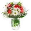 Steeped in the spirit of Southgate, this bouquet is a vision of cheerful freshness and quiet elegance, reminiscent of a new day unfolding along The Bourne. Fluffy coral-pink carnations form the vivid core, their soft, undulating petals hinting at movement and joy. White, daisy-like chrysanthemums and classic open daisies with bright green centres invite a sense of playful optimism, their crisp hues shining out from a sea of vibrant leaves. Cloud-like sprays of baby's breath are woven between the larger blooms, lending the bouquet a floating, ethereal quality. Sleek, broad green foliage curves gracefully around the base, while finer leaves spiral gently upwards, crafting a composition that's both lively and grounded. In the transparent glass vase, the stems are visible through clear water, echoing the pure, uplifting ambiance that Southgate locals cherish in their homes and on special occasions. Ideal for birthday cheer, heartfelt thank-yous, or moments of comfort, this arrangement channels the subtle energy of the Southgate community, its artistry brought to life beneath bright, even lighting that showcases each petal and leaf.