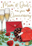 This anniversary card illustration unfolds like a little still life of love, set against a warm, softly lit background that could easily belong to a family home in Southgate. At the top, two graceful champagne flutes are drawn close together, each filled with pale golden champagne alive with bubbles, as if caught right at the start of a heartfelt toast. Light seems to pool in the glasses, giving the impression of an evening celebration just beginning after a delivery of flowers and treats. Beneath them, a luxurious heart-shaped box of chocolates anchors the scene, its rich red surface gently curved and finished with a dramatic satin bow that loops generously across the lid. The box is slightly open, revealing rows of perfectly formed chocolates, each one shaded to suggest smooth, glossy shells and melting centres meant to be shared. To one side, two vivid red roses rest on the tabletop, their velvety petals layered in tight spirals and framed by glossy green leaves that hint at fresh stems cut that day. A few chocolates have been casually left outside the box, adding a relaxed, real-life touch, as though the couple has already begun to enjoy their anniversary treat. A bright crimson envelope lies nearby, sealed and slightly tilted, suggesting a personal message, perhaps addressed to Mum & Dad in familiar handwriting seen again and again at celebrations in homes off Chase Side and around Broomfield Park. Floating across the background, tiny gold and crimson hearts and delicate, hand-lettered wording weave through the design, giving it a playful yet tender feel. The overall mood is one of cozy indulgence and enduring affection - champagne, roses, and chocolate gathered together like cherished memories in Southgate.